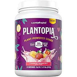 Vegan Protein Powder | Purely Inspired Plantopia | Silky-Smooth Plant Based Protein Powder for Women & Men | Gluten Free Plant Protein Powder | Dairy Free, Soy Free | Strawberry Banana Split, 13 Serv