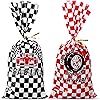 100 Pack Racing Car Candy Bags Car Favor Cellophane Bags Black and White Race Car Treat Bags Checkered Soccer Theme Goodie Bags with 100 Gold Twist Ties for Race Themed Birthday Party Supplies