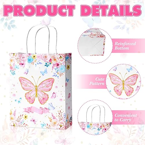 24 Pcs Butterfly Gift Bags Butterfly Treat Bags Bridal Goodie Bags Candy Bags Butterfly Flower Gift Wrap Bags with Handle Kraft Paper Bags Butterfly Party Favors for Wedding Birthday Party Baby Shower