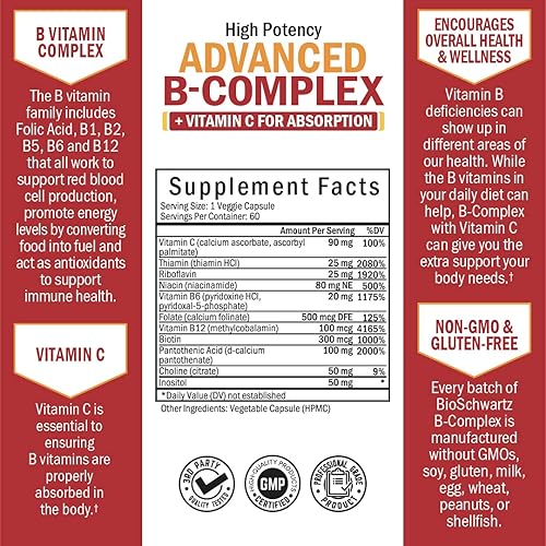 Vitamin B Complex with Vitamin C for Maximum Absorption - Methylcobalamin b12 & Folate Folic Acid Supplement - Vitamins B1 B2 B3 B5 B6 B7 B9 for Immune Energy & Nervous System Support - Non-GMO -60ct
