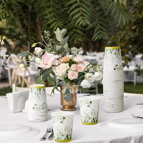 64 Pcs Eucalyptus Cups Eucalyptus Disposable Paper Cups Greenery Paper Cups for Sage Green Party Decorations Bridal Shower Paper Cups Green Paper Cups for Baby Shower Party Holidays Birthday Wedding