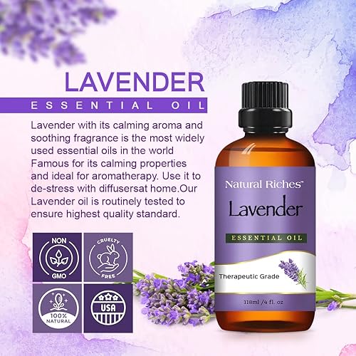Natural Riches Pure Lavender Essential Oil with Premium Therapeutic Quality - for Diffuser, Aromatherapy, Sleep, Meditation, Candles & Massage 4 fl. oz