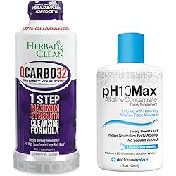 Herbal Clean Same-Day Detox Bundle, QCarbo32 Detox Drink, Grape Flavor, 32 Fl Oz, with pH10Max Alkaline Water Drops, 2 Fl Oz