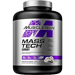 Mass Gainer Protein Powder | MuscleTech Mass-Tech Mass Gainer | Whey Protein Powder Muscle Builder | Protein Powder | Creatine Supplements | Cookies and Cream, 7 lbs Package May Vary