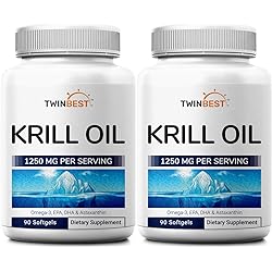 Twinbest Antarctic Krill Oil Softgels, 2-Pack, 1250mg Per Serving, 180 Softgels Supply, Rich in Omega 3 Fatty Acids, EPA, DHA, Phospholids and Astaxanthin, Non GMO