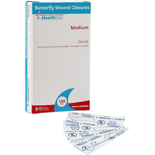 Healthstar Butterfly Closure Bandages, Medium, Sterile, Latex-Free Box of 100 | Individually Wrapped for Small Cuts and Wounds 1 34 Inch x 38 Inch