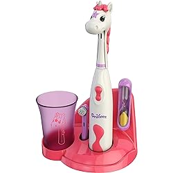 Brusheez® Kid's Electric Toothbrush Set - Soft Bristles, Easy-Press Power Button, Battery Operated, 2 Brush Heads, Animal Cover, Sand Timer, Rinse Cup and Storage Base - Ages 3 Sparkle The Unicorn