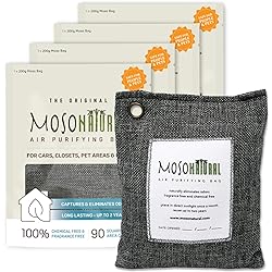 Moso Natural Air Purifying Bag 200g 4 Pack. A Scent Free Odor Eliminator for Cars, Closets, Bathrooms, Pet Areas. Premium Moso Bamboo Charcoal Odor Absorber. Charcoal Grey