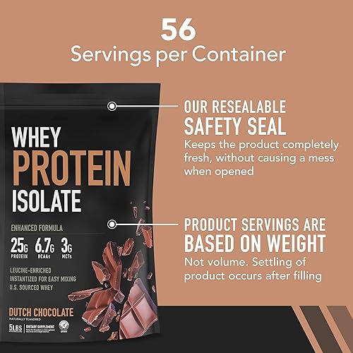 Sports Research Whey Protein Isolate Powder 5lb - Dutch Chocolate | Leucine-Enriched Amino Acids with 25g of Protein | Gluten Free, Non-GMO Verified & Instantized for Easy Mixing 56 Servings