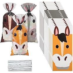 150 Pcs Horse Party Favor Bags Horse Candy Treat Bags Cellophane Bags Party Goody Favors with 200 Silver Twist Ties for Horse Party Favors Western Cowboy, Cowgirl and Farm Birthday Party Supplies