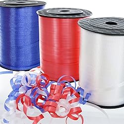 GIFTEXPRESS 1500-Yard Patriotic Curling Ribbon, Red White Blue Crimped Curling Ribbon 316 x 500-Yard ea. for Balloon Ribbon, Balloon String, Gift