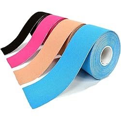 OBTANIM 4 Rolls Waterproof Breathable Kinesiology Tape, Athletic Elastic Kneepad Muscle Pain Relief Knee Taping for Gym Fitness Running Tennis Swimming Football Black, Skin, Pink, Light Blue