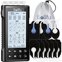 Belifu 4 Independent Channel TENS EMS Unit, 24 Modes,30 Level Intensity Muscle Stimulator Machine, Rechargeable Electric Pulse Massager with 10 Pads&5 Set Leads Wires, for Pain Relief TherapyBlack