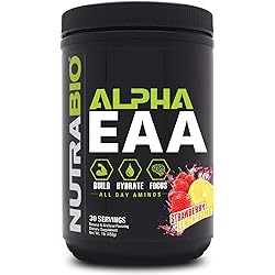 NutraBio Alpha EAA - All-Day Aminos - Recovery, Energy, Focus, and Hydration Supplement - Full Spectrum EAA BCAA Matrix, Electrolytes, Nootropics, Coconut Water - 30 Servings - Strawberry Lemon Bomb