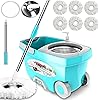 Tsmine Spin Mop Bucket System Stainless Steel Deluxe 360 Spinning Mop Bucket Floor Cleaning System with 6 Microfiber Replacement Head Refills,61"Extended Handle, 2x Wheel for Home Cleaning - MINT
