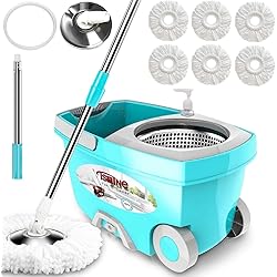 Tsmine Spin Mop Bucket System Stainless Steel Deluxe 360 Spinning Mop Bucket Floor Cleaning System with 6 Microfiber Replacement Head Refills,61"Extended Handle, 2x Wheel for Home Cleaning - MINT