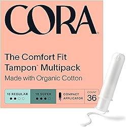 Cora Organic Applicator Tampons | RegularSuper Absorbency | 100% Cotton Core, Unscented, BPA-Free Compact Applicator | Leak Protection, Easy Insertion, Non-Toxic | Packaging May Vary 36 Count