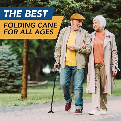 ELESIK Walking Cane for Women & Men - Adjustable Folding Cane with T Handle and Pivot Base Design, Foldable Walking Stick for Seniors with Nylon Strap, Collapsible Cane for Safe Walking
