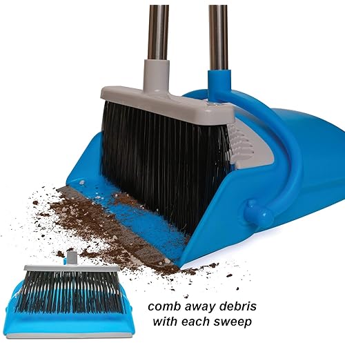 BristleComb Outdoor Broom and Dustpan Set Upright – 49" Long Adjustable Broom and Dust Pan with Long Handle, Self-Cleaning Comb & 2 Interchangeable Heads of Different Stiffness - Medium and Coarse