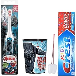 Marvel Avengers Black Panther Spinbrush kids Powered Toothbrush & Crest Sparkle fun Toothpaste Bundle Plus Avengers Mouthwash Rinse Cup! BUNDLE