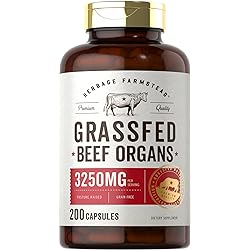 Grassfed Beef Organs 3250mg | 200 Quick Release Capsules | Desiccated Liver, Kidney, Pancreas, Heart, Spleen Supplement | Non-GMO, Gluten Free | by Herbage Farmstead