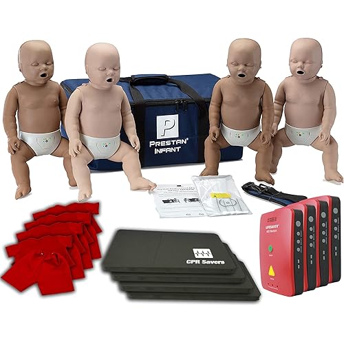 CPR Savers Training Infant 4 Pack, with 4 PRESTAN Professional Infant Diversity Manikins, 4 Lifesaver AED Trainers, Vests and Knee Pads