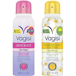 Vagisil Feminine Dry Wash Deodorant Spray for Women, Gynecologist Tested, On The Go Hygiene, 2 Scent Bundle - White Jasmine, Odor Block 2.6 oz Each