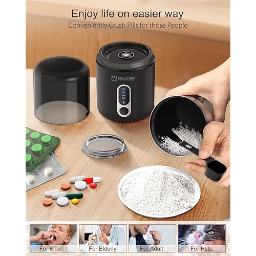 Electric Pill Crusher,RAUGEE Cordless Electric Pill Grinder Extremely Fine Powder for Small and Large Medication and Vitamin Tablets Grind Pulverizer Multiple Pills with Removable Metal Grinding Cup