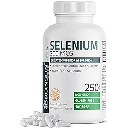 Bronson Selenium 200 mcg for Immune System, Thyroid, Prostate and Heart Health – Yeast Free Chelated Amino Acid Complex - Essential Trace Mineral with Superior Absorption, 250 Vegetarian Capsules