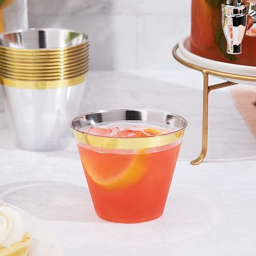 100 Gold Plastic Cups | 9 oz | Hard Disposable Cups | Plastic Wine Cups | Plastic Cocktail Glasses | Plastic Drinking Cups | Bulk Party Cups | Wedding Tumblers | Clear Plastic Cups