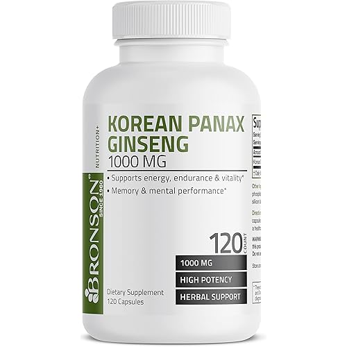Bronson Korean Panax Ginseng 1000 mg Supports Energy, Endurance & Vitality Memory and Mental Performance, 120 Capsules