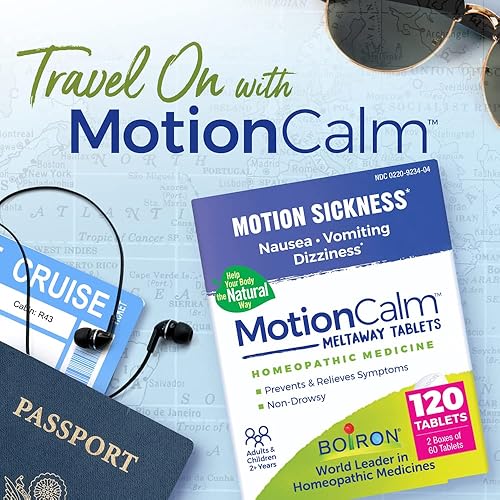 Boiron MotionCalm Relief for Nausea, Vomiting, or Dizziness from Motion Sickness, Carsickness, Seasickness, Amusement Rides, and Video Games or VR - Non-Drowsy - 120 Count 2 Pack of 60