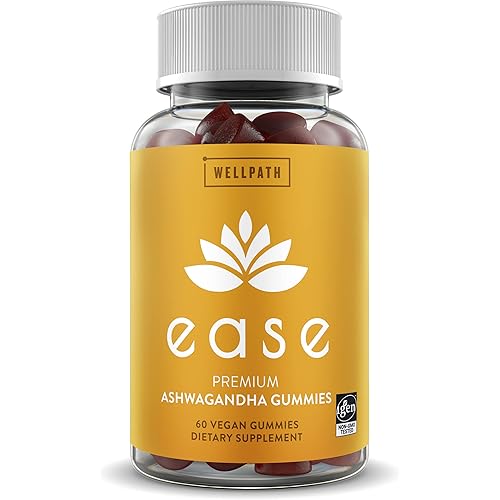 Ease Ashwagandha Gummies for Men and Women - Vegan Ashwagandha Supplements for Stress Relief, Sleep, Calm Mood, Energy & Immunity - Low Sugar, Plant Extract, 60 Count