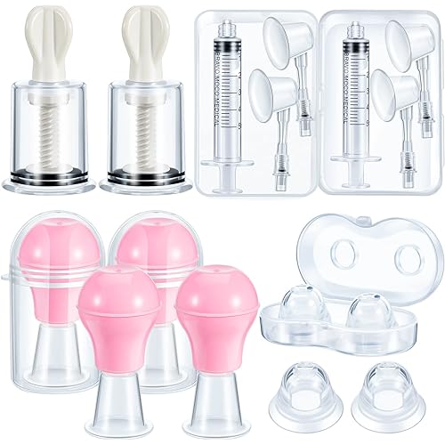 BBTO 8 Pieces Nipple Suction Cups Corrector Sucker Pullers Aspirator Women Everter Flat Inverted for Breastfeeding Silicone with Case Pink,1.61 Inch