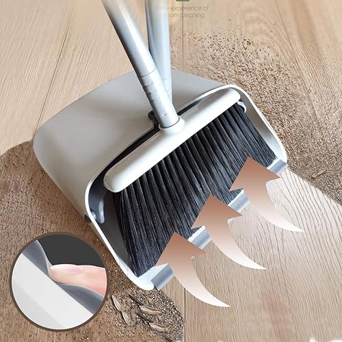 JEHONN Broom and Dustpan Set, Long Handle Lightweight Broom Set Upright Standing Dustpan Stand Up Store Sweep Set for Home Room Kitchen Office Lobby
