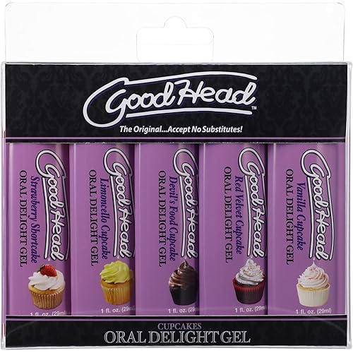 Doc Johnson GoodHead - Oral Delight Gel - Cupcakes - Vanilla Cupcake, Devil's Food Cupcake, Strawberry Shortcake, Limoncello Cupcake, Red Velvet Cupcake - 5 x 1 fl. oz. 5 X 29ml