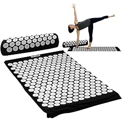 Acupressure MAT and Pillow Set with Bag - Relax Naturally - Stimulate Chi - Stress and Pain Relief - Back - Neck - Feet - Muscles - Mat 26"L x 16"W inch - Pillow 14"L x 5.3"W x 4"H inch Black