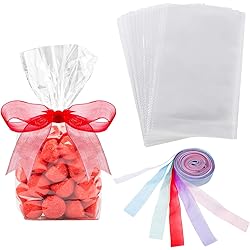 50 Counts 15 x 25 cm Clear Flat Cello Cellophane Treat Bags Cellophane Block Bottom Storage Bags SweetPartyGiftHome Bags with Colorful Bag TiesOrganza Ribbon