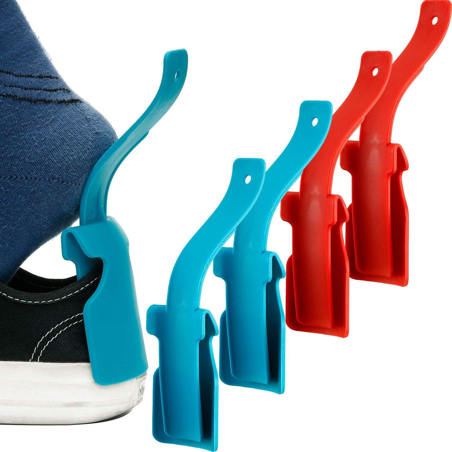 4 Pieces Lazy Shoe Helper Portable Sock Shoe Slider Travel Handled Shoe Horn Shoe Lifting Wearing Helper Tool Easy on Easy Off Plastic Shoehorn One Size Fits Most Shoes All Age, BlueRed