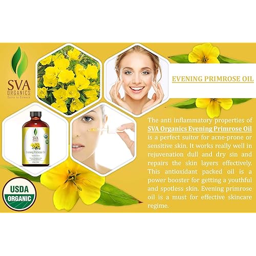 Evening Primrose Oil 4 oz118 ml 100% Pure Therapeutic Grade by SVA ORGANICS - for Wrinkle-Free Skin, Face and Hair and rejuvenate