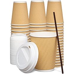 100 Sets - 12 oz.] Insulated Ripple Paper Hot Coffee Cups With Lids