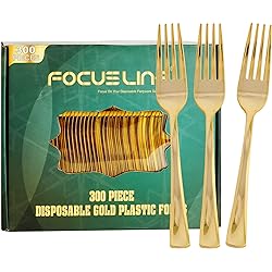 FOCUSLINE 300 Pack Disposable Gold Plastic Forks, Solid and Durable Plastic Cutlery Forks, Heavy Duty Disposable Utensil Silverware for Catering, Parties, Dinners, Weddings