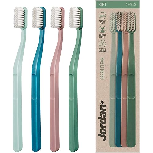 Jordan ® | Green Clean Manual Toothbrush | Award Winning Sustainable Toothbrush Made from Recycled Materials | Eco-Friendly | Scandinavian Design | Soft Bristle Toothbrush | Mixed Colour | 4 Units