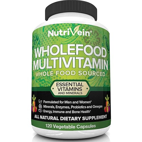 Nutrivein Whole Food Multivitamin - Complete Daily Vitamins for Men and Women from Natural Whole Foods, Real Raw Veggies, Fruits, Vitamin E, A, B Complex - 30 Day Supply 120 Capsules, Four Daily