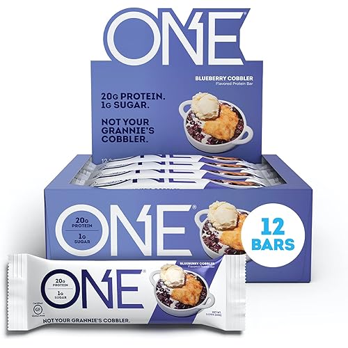 ONE Protein Bars, Gluten Free Protein Bars with 20g Protein and only 1g Sugar, Guilt-Free Snacking for High Protein Diets, Blueberry Cobbler, 2.12 oz 12 Count