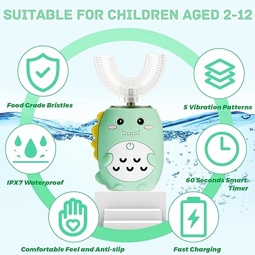 Kids 4inch Electric Toothbrushes U Shaped Ultrasonic Toothbrush Dinosaur Toothbrush Rechargeable Waterproof Toddler Tooth Brush with 2 Brush Heads for Baby 2-12 Years Old, 5 Cleaning Modes Green
