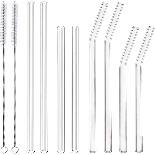 ALINK 8-Pack Clear Glass Smoothie Straws, 10mm Wide 10" 9 " Long Reusable Drinking Straws with 2 Cleaning Brush