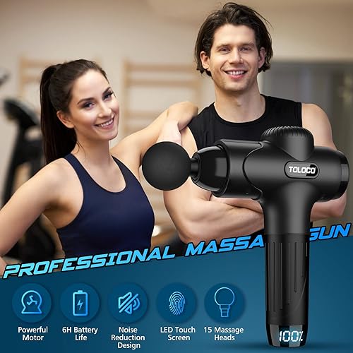TOLOCO Muscle, Deep Tissue, Percussion Massage Gun with 15 Replacement Heads, Super Quiet Portable Electric Massager for Athletes, Treatment, Relax, Black