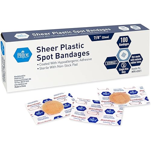 MED PRIDE Sheer Plastic Spot Bandages - 78” Sterile Small Round Bandages With Non-Stick Pad For Wound Care- First Aid Strips With Hypoallergenic Adhesive- Mini Latex Free Face Bandages [100 Pieces]