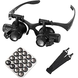 mlogiroa Head Mounted Magnifier with LED Light, Jewelers Loupe Magnifying Glasses with 8 Interchangeable Lens: 2.5X4X6X8X10X15X 20X25X for Close WorkElectronicsEyelashCraftsJewelryRepair